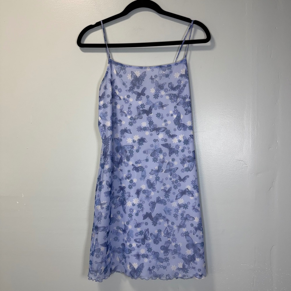 Vintage Backstage Butterfly Mesh Mini‎ Dress Blue 90s Y2K Lettuce Hem L USA Made